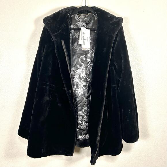 Dennis Basso Faux Fur Hooded Coat NWT Black 1X Zip Front Knee Length - Picture 2 of 7